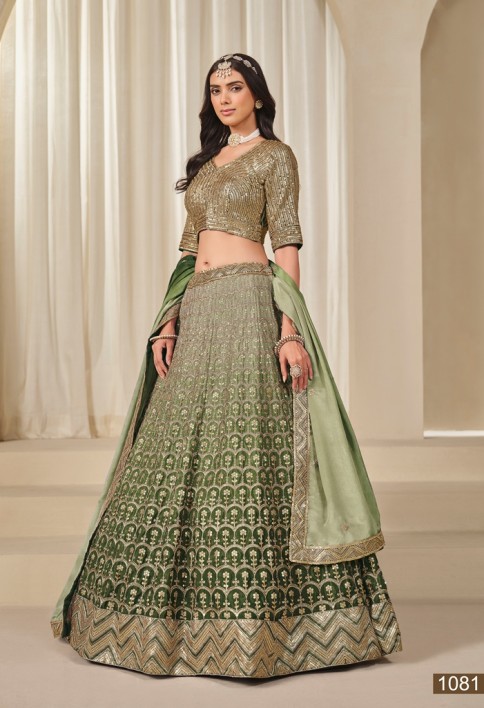 Embroidered Work Chinon Designer Lehenga Choli in Olive for Women